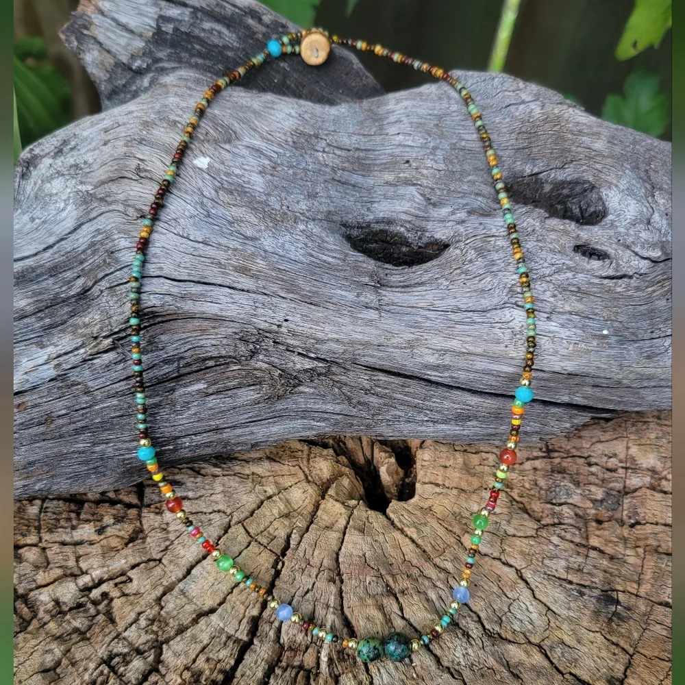 Bohemian Multicolor Picasso Jasper Seed Bead & Turquoise Necklace. - Picture 5 of 6